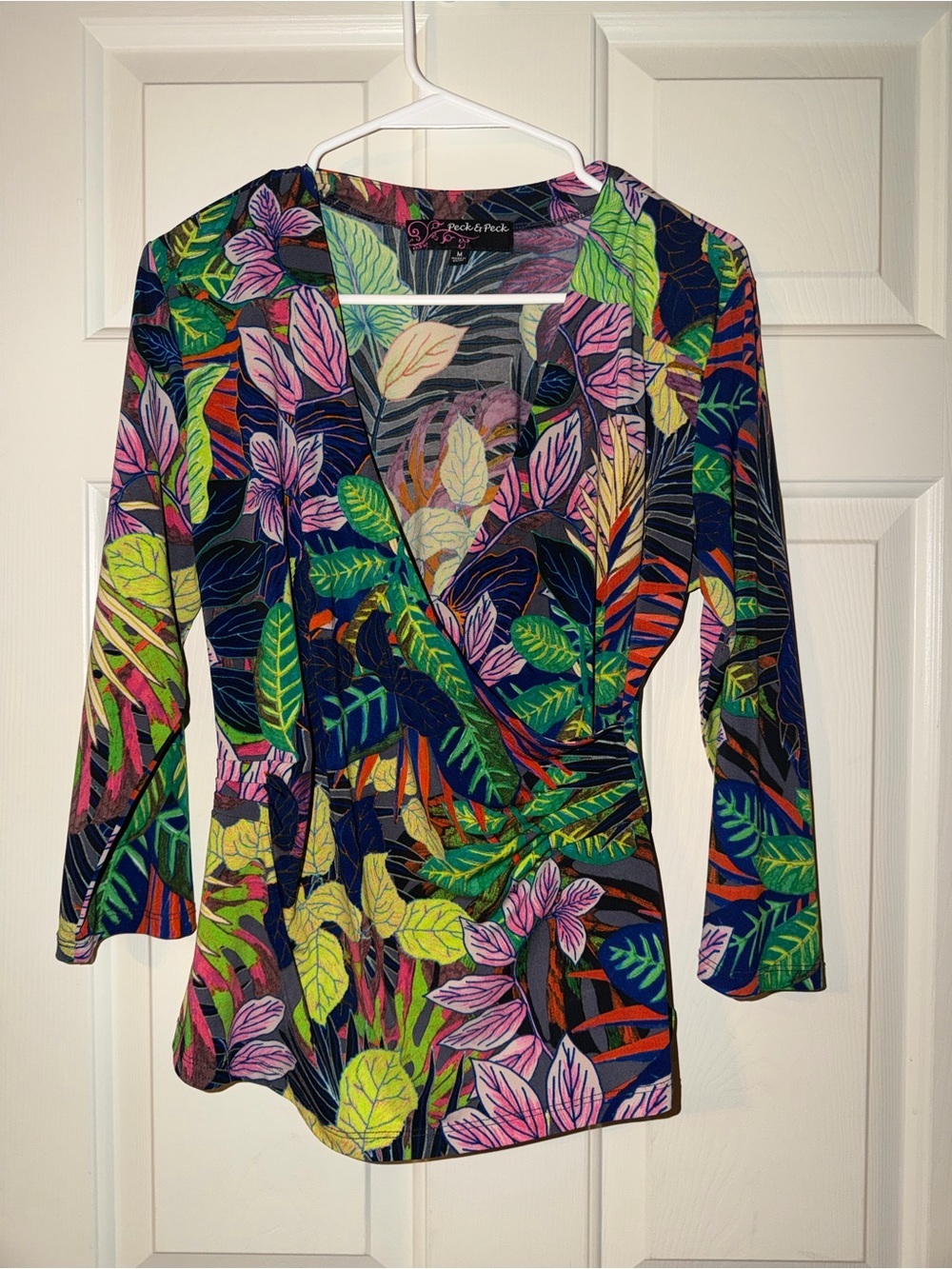 Peck & Peck Tropical Leaf Wrap Top - Multicolor